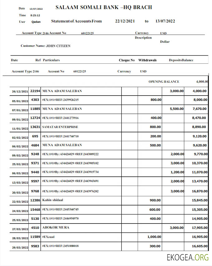 Somali Salaam Relevé bancaire somalien Modèle Word et PDF w